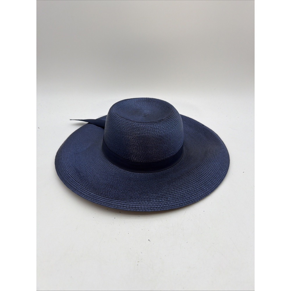 navy blue woven straw sun hat with a matching ribbon